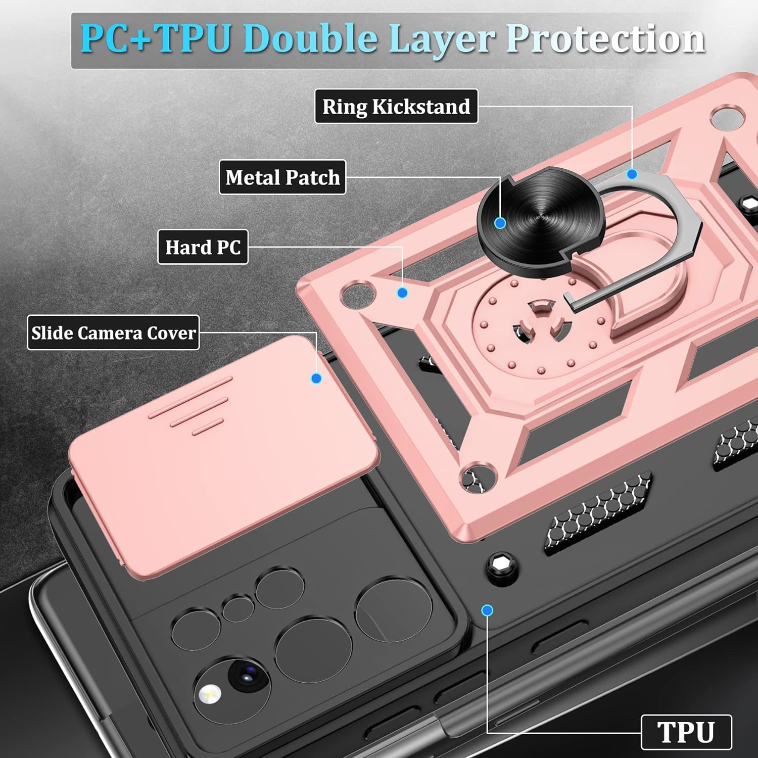 Compatible with Samsung Galaxy S21 Ultra Case,S21 Ultra Case with HD Screen Protector with Slide Camera Cover, 360°Rotation Ring Kickstand [Military Grade] Case for Galaxy S21 Ultra, Rose Gold  Gritup   