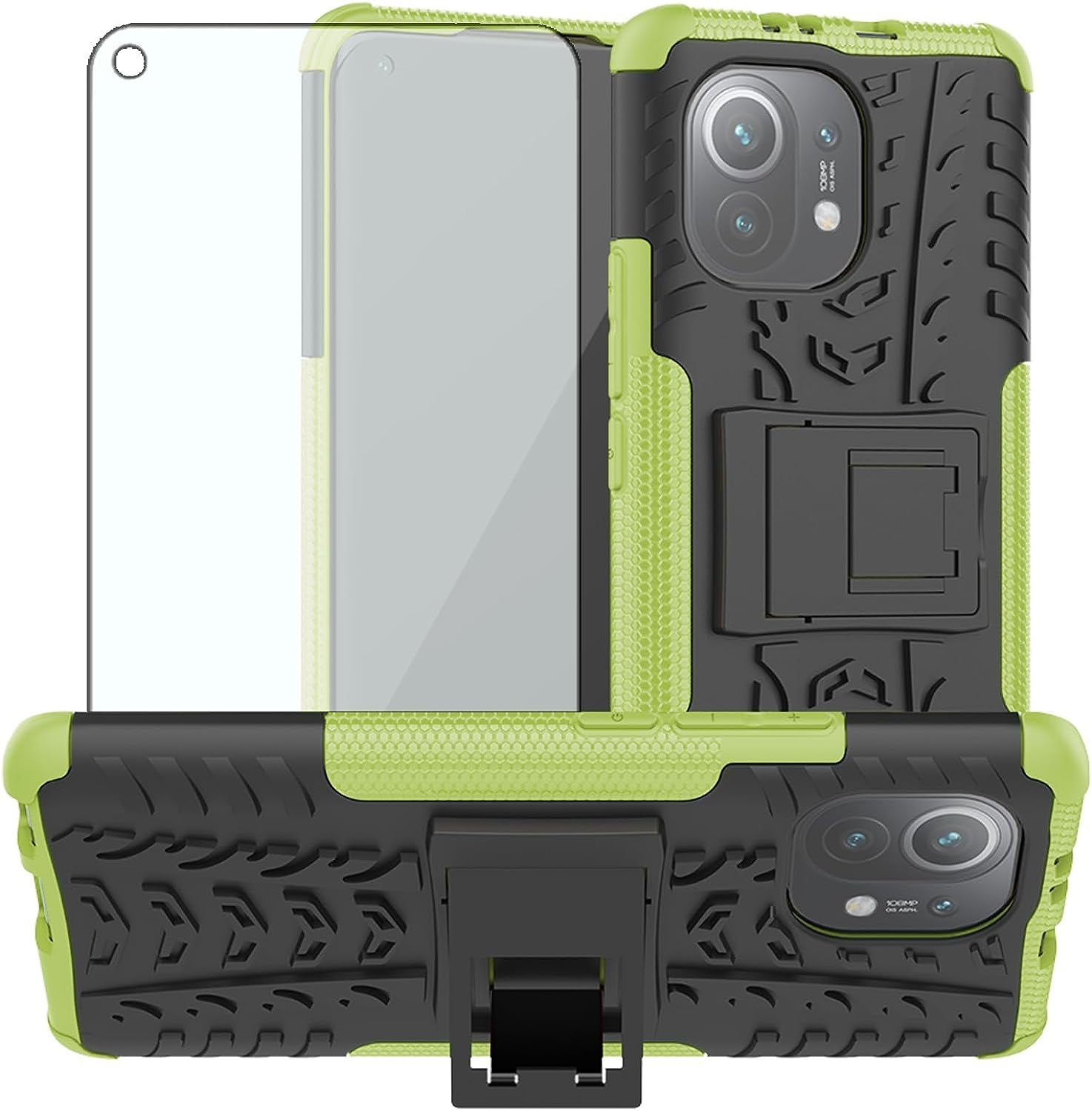 Phone Case for Xiaomi Mi 11 5G with Tempered Glass Screen Protector Cover and Stand Kickstand Slim Hard Rugged Hybrid Protective Cell Accessories Mi11 G5 Cases Men Boys Women Girls Kids Black Red  Asuwish Green For Mi 11 