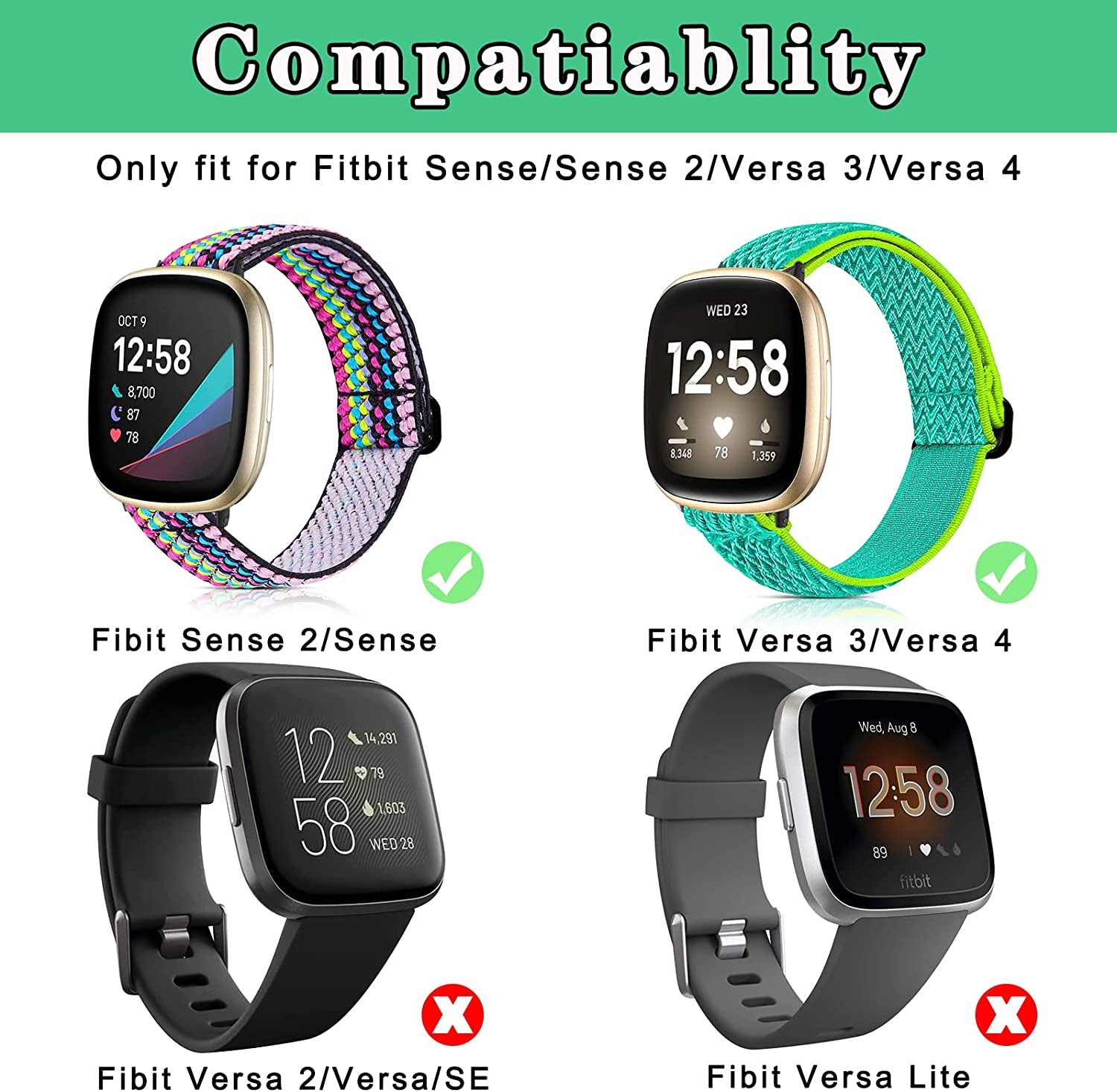 4 Pack Stretchy Bands Compatible with Fitbit Versa 3/Fitbit Versa 4/Fitbit Sense 2/Fitbit Sense Bands Women Men, Adjustable Elastic Breathable Loop Nylon Replacement Straps for Fitbit Sense & Versa 3  POHNUI   
