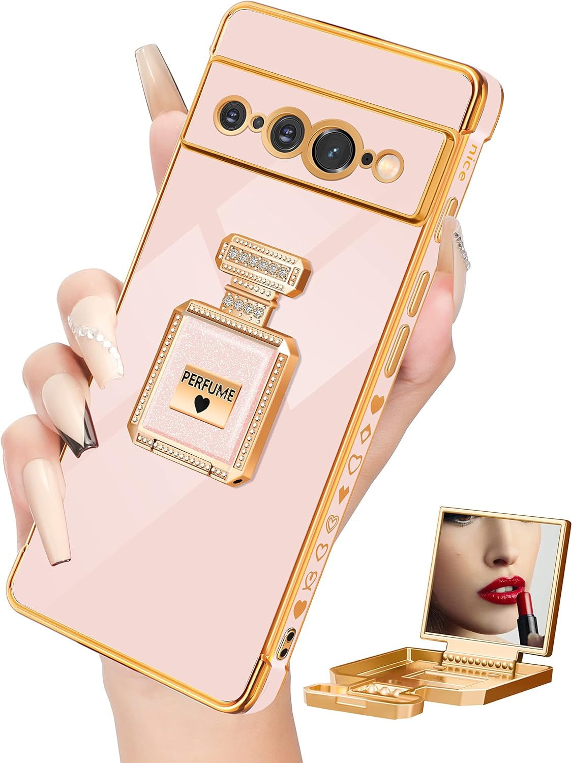 Buleens for Pixel 6 Pro Case with Metal Perfume Bottle Mirror Stand,Cute Women Girly Heart Cases for Google Pixel 6 Pro Case, Elegant Luxury Phone Cover for Pixel 6 Pro Phone Case 6.7''Sierra Blue  Buleens Pink For Google Pixel 7 Pro 