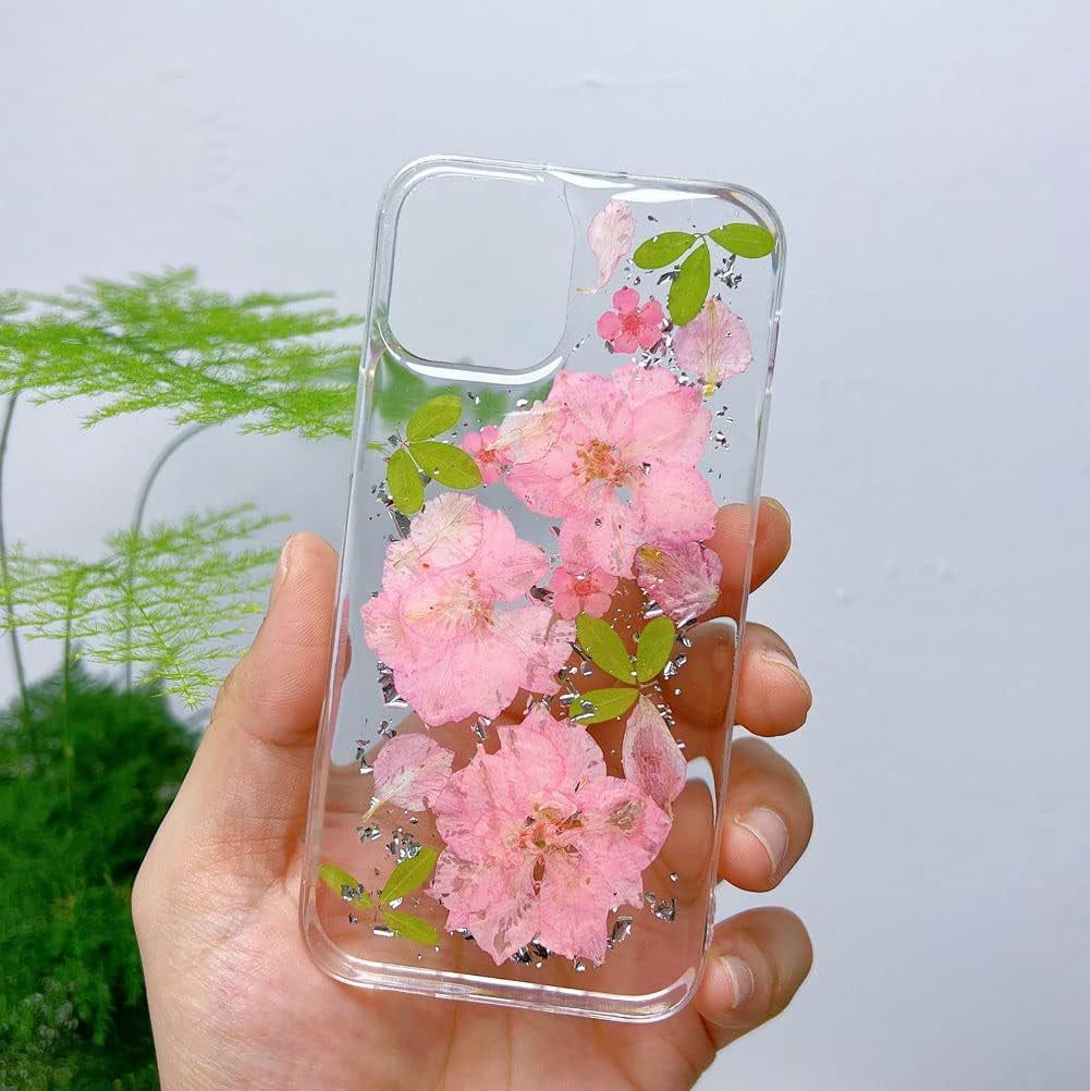Abbery Designed for Iphone 12 Mini Case Glitter Flower Cute Bling Sparkle Clear with Design Soft Silicone TPU Real Dried Pressed Flowers Floral Aesthetic Phone Cover for Women Girls (3 Pink Flower)  Abbery   