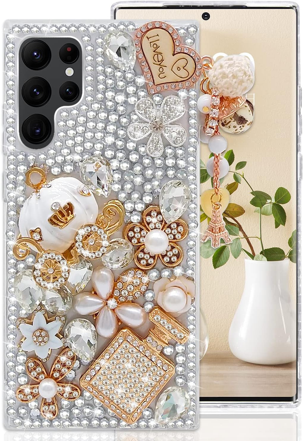 Guppy for Galaxy Note 20 Ultra Case Women Luxury 3D Bling Shiny Rhinestone Diamond Crystal Pearl Handmade Pendant Iron Tower Pumpkin Car Flowers Soft Protective Anti-Fall Case for Galaxy Note 20 Ultra  Guppy Clear Galaxy S22 Ultra 
