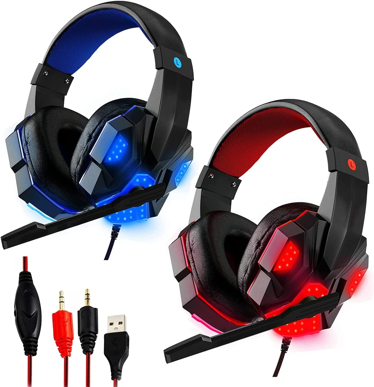 5 CORE 2Pcs Gaming Headset for PS4 PC One PS5 Console Controller, Noise Cancelling Microphone over Ear Stereo Earphones with Mic, LED Light, Bass, Earmuffs for Laptop NES Games Red & Blue HDP GM1 R+B  5 Core Inc.   