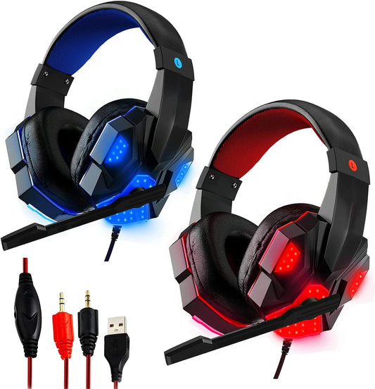 5 CORE 2Pcs Gaming Headset for PS4 PC One PS5 Console Controller, Noise Cancelling Microphone over Ear Stereo Earphones with Mic, LED Light, Bass, Earmuffs for Laptop NES Games Red & Blue HDP GM1 R+B  5 Core Inc.   