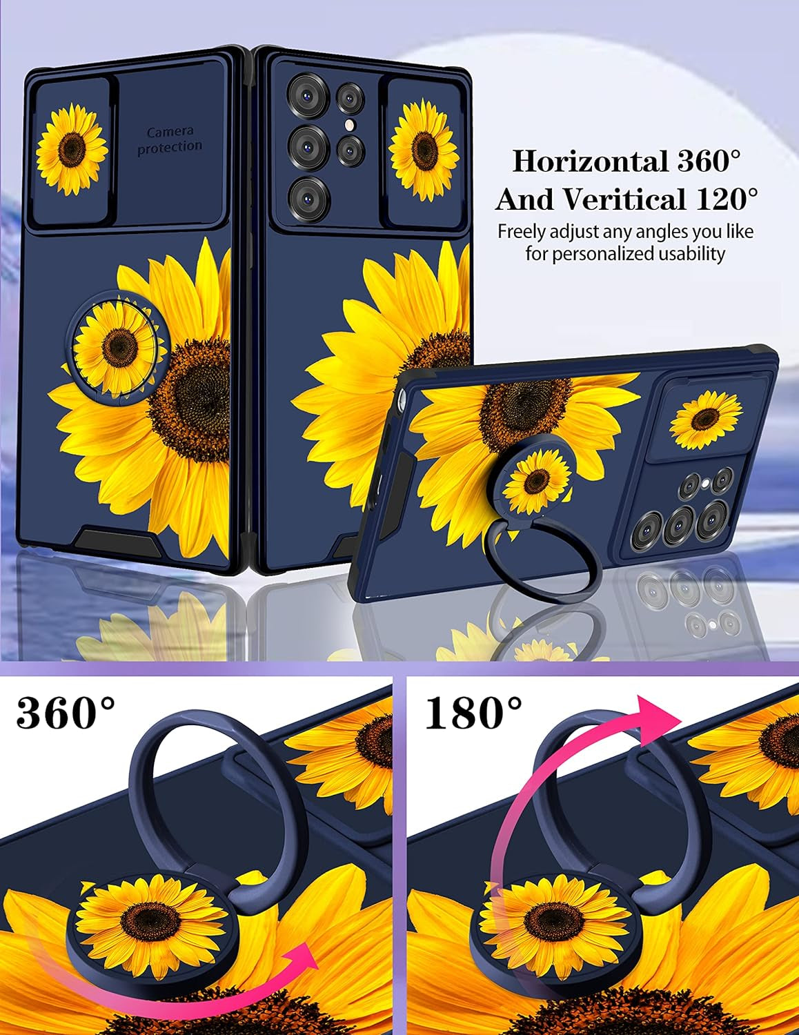 Goocrux (2In1 for Samsung Galaxy S22 Ultra Case Sunflower Floral for Women Girls Girly Phone Cover Cute Flowers Design with Slide Camera Cover+Ring Holder Unique Blue Cases for Galaxy S22 Ultra 6.8''  Goocrux   