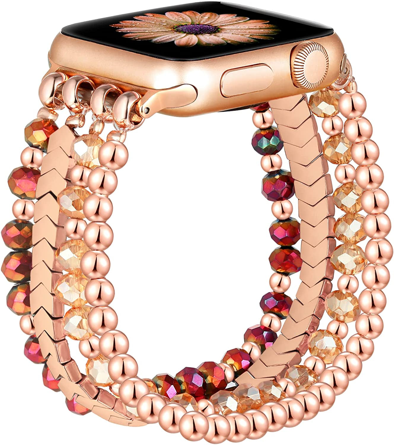 Fastgo Bracelet Band Beaded Compatible with Apple Watch 38Mm 40Mm 41Mm 42Mm 44Mm 45Mm 49Mm Women, Fashion Elastic Stretch Strap Bands for Iwatch SE &Series Ultra 8 7 6 5 4 3 2 1(Black/Sliver/Grey,S/M)  fastgo Rose Gold/Brown 38mm/40mm/41mm-M/L(6.1”-6.9”) 