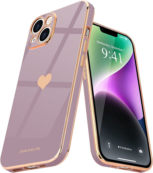 Teageo for Iphone 14 Case for Women Girl Cute Love Heart Luxury Electroplate Plating Soft Bling Back Cover Raised Full Camera Protection Bumper Silicone Shockproof Phone Case for Iphone 14, Lavender  janzee Lavender  