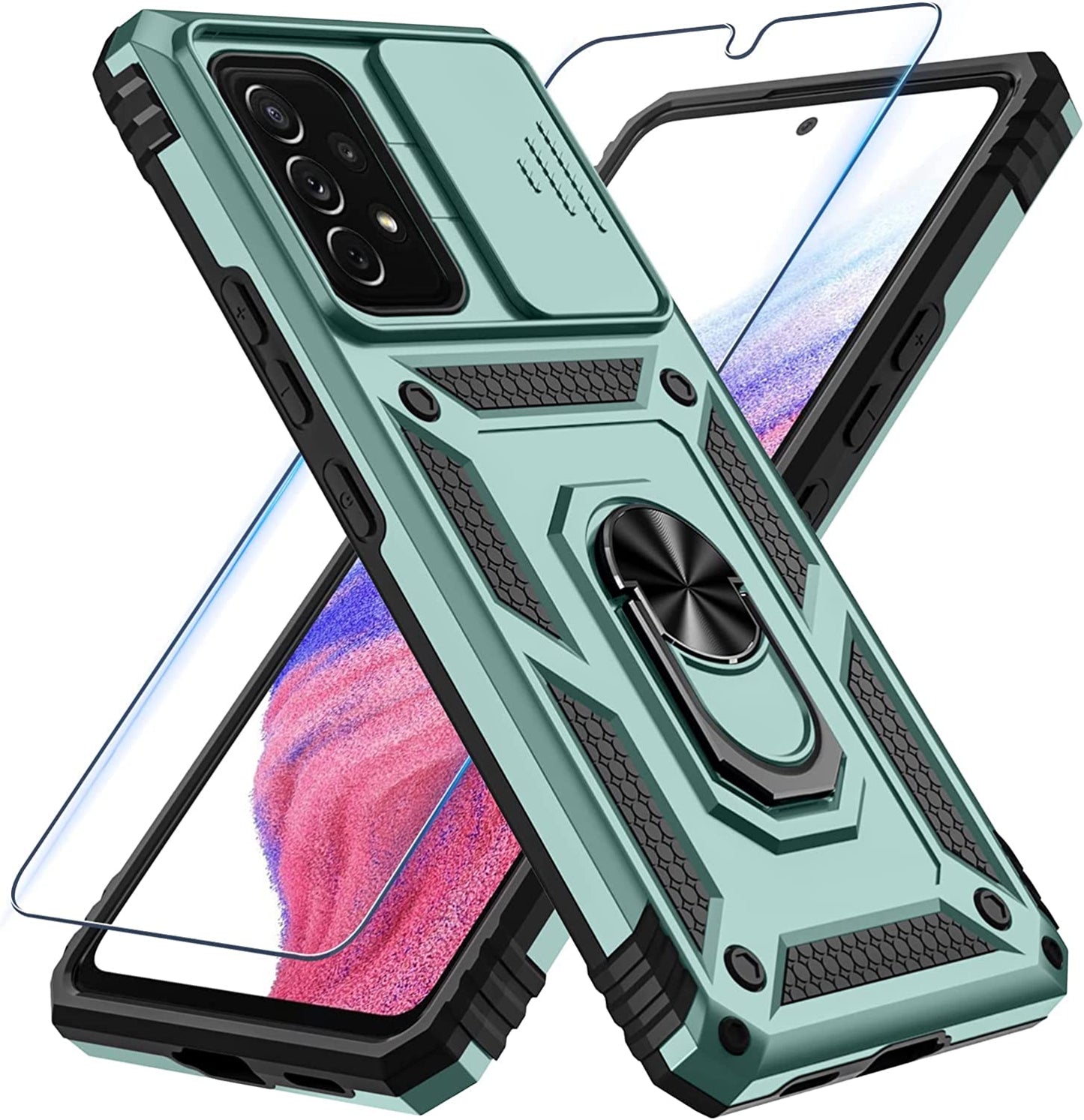 Samsung Galaxy A53 5G Case Built in Slide Camera Lens Cover and Screen Protector,Heavy Duty Shockproof Full Body Protective Phone Cover,Built in Finger Ring Stable Holder Kickstand,2022 Blue  Janmitta Y Dark Green Samsung A53(6.5 Inch) 