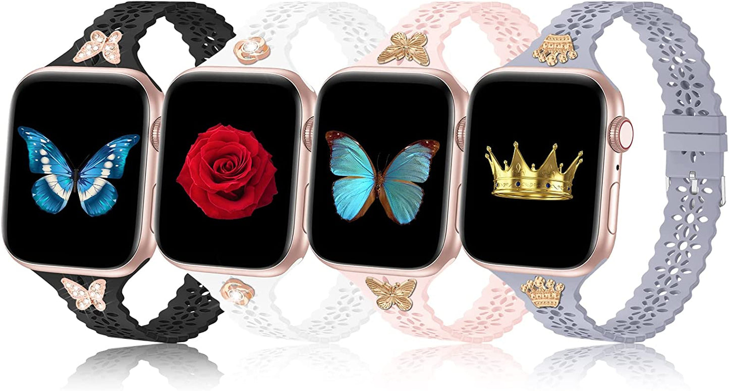 Bandiction 4 Pack Lace Silicone Bands Compatible with Apple Watch Band 38Mm 40Mm 41Mm 42Mm 44Mm 45Mm 49Mm, Women Slim Thin Hollow-Out Sport Wristband for Iwatch Series Ultra 8 SE 7 6 5 4 3 2 1  Bandiction Black/White/Sand Pink/Lavender Grey+Charms 42mm/44mm/45mm/49mm 