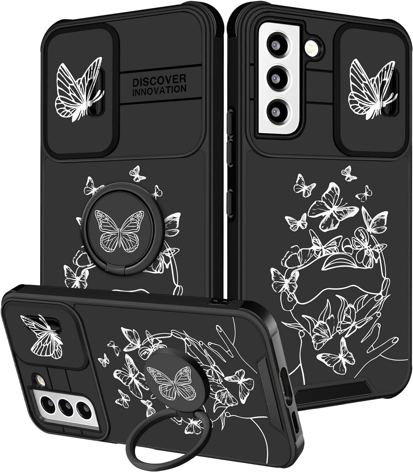 Funermei (2In1 for Samsung Galaxy S22 Case for Girls Women Cute Butterfly Cover Girly Aesthetic Black Pretty Fashion Design with Camera Cover and Ring Stand Funda for Galaxy S22 Phone Cases  Funermei 1-For Black White Butterfly  