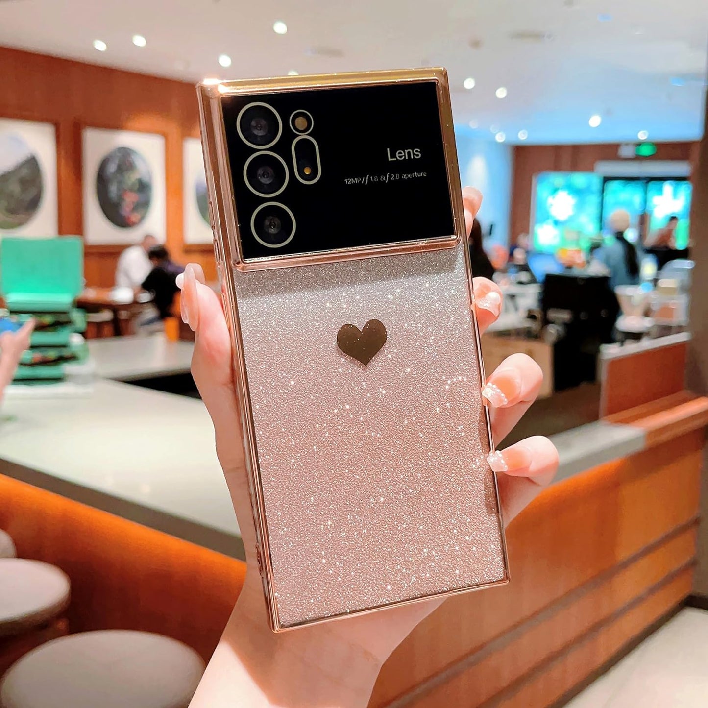 Phylla Gradient Glitter Heart for Samsung Galaxy Note 20 Ultra 5G Phone Case [Full Camera Lens Protector],Luxury Plating Slim Clear Case with Side Pattern,Soft Shockproof Protective Bumper (Gold)  PHYLLA   