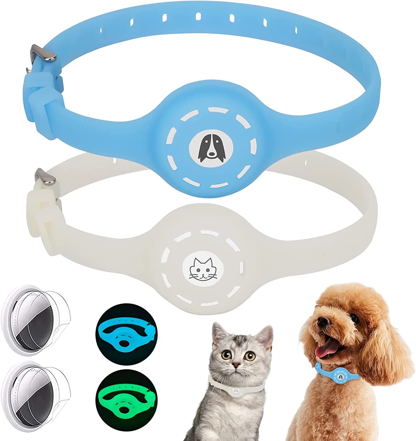 Airtag Dog Collar with Airtag Holder Case Integrated 2 Pack, Luminous Silicone Anti-Lost Apple Air Tag Dog/Cat Holder for Pet and 2 HD Protective Film Set (Neck 10.8-12.5")  CNUORN   