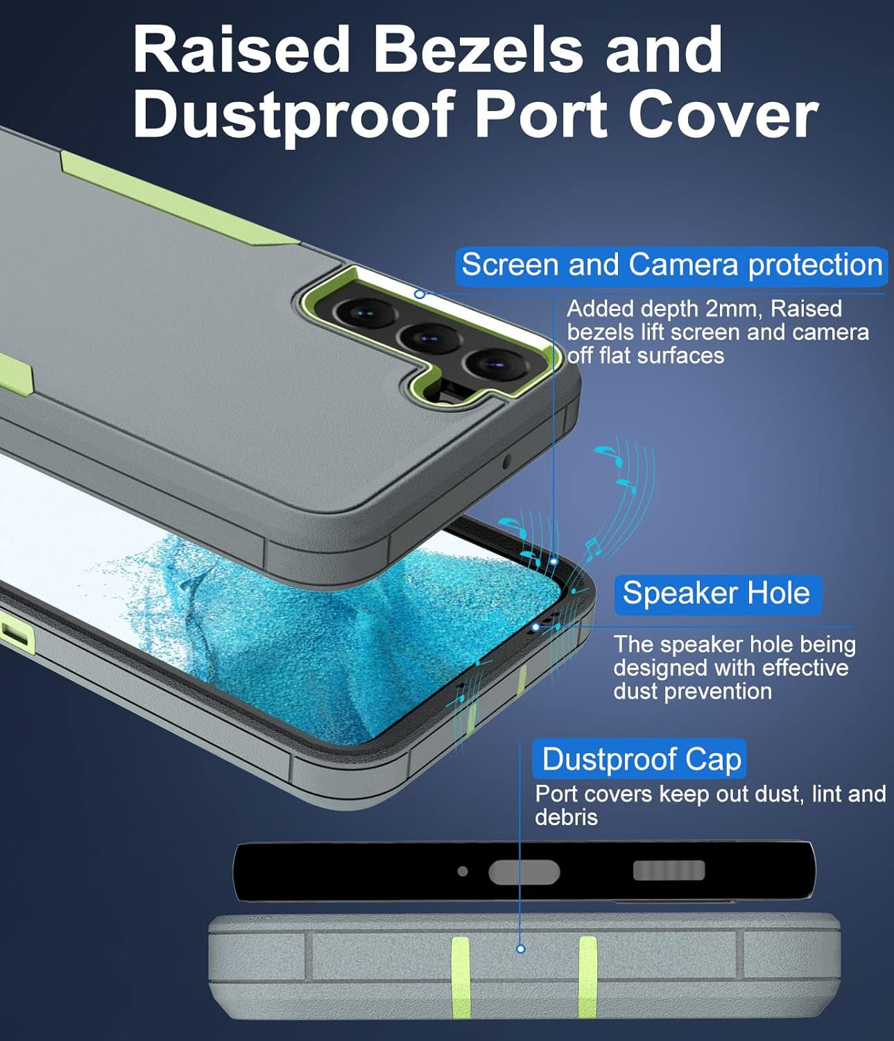 Dahkoiz for Samsung Galaxy S22 Case, Dust-Proof Port Cover, Full Body Durable Silicone Rubber Phone Case for Samsung Galaxy S22 5G, Green/Grey  UNISMART INC   