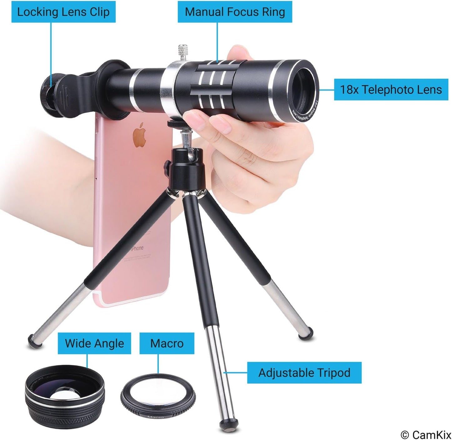 Universal 3In1 Lens Kit with 18X Telephoto + Macro + Wide Angle Lenses - Awesome Mobile Photography for Apple Iphone, Samsung Galaxy, Etc. - Locking Lens Clip - Adjustable Tripod (For Telephoto Lens)  CamKix   