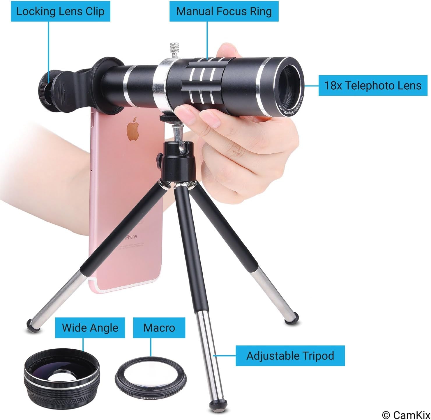 Universal 3In1 Lens Kit with 18X Telephoto + Macro + Wide Angle Lenses - Awesome Mobile Photography for Apple Iphone, Samsung Galaxy, Etc. - Locking Lens Clip - Adjustable Tripod (For Telephoto Lens)  CamKix   