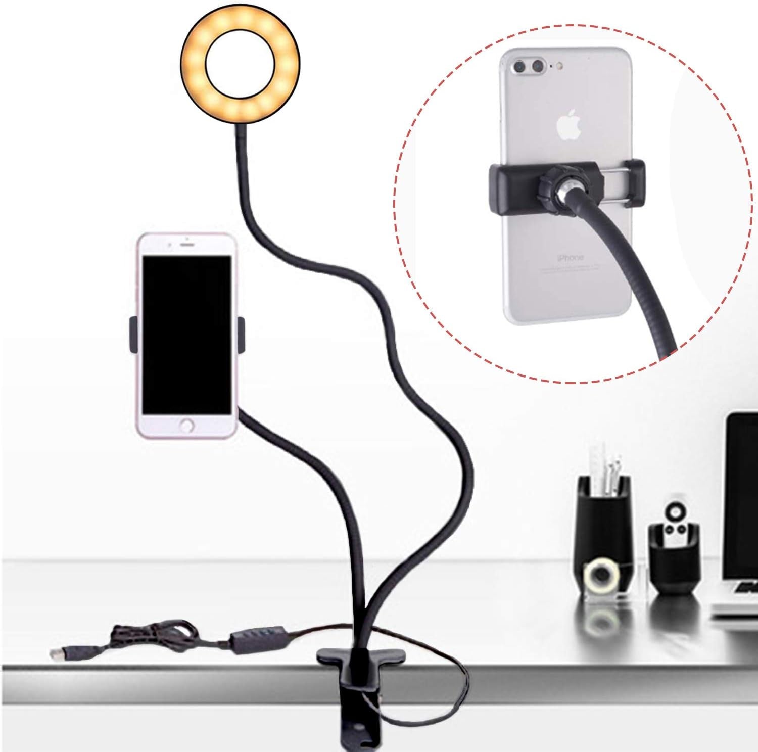 Fimghsoo Selfie Ring Light with Cell Phone Holder for Live Stream/Makeup/Video Chat, LED Camera Beauty Light with Flexible Arms[3-Light Mode][10-Level Brightness], Compatible Iphone Android Phone  Fimghsoo   