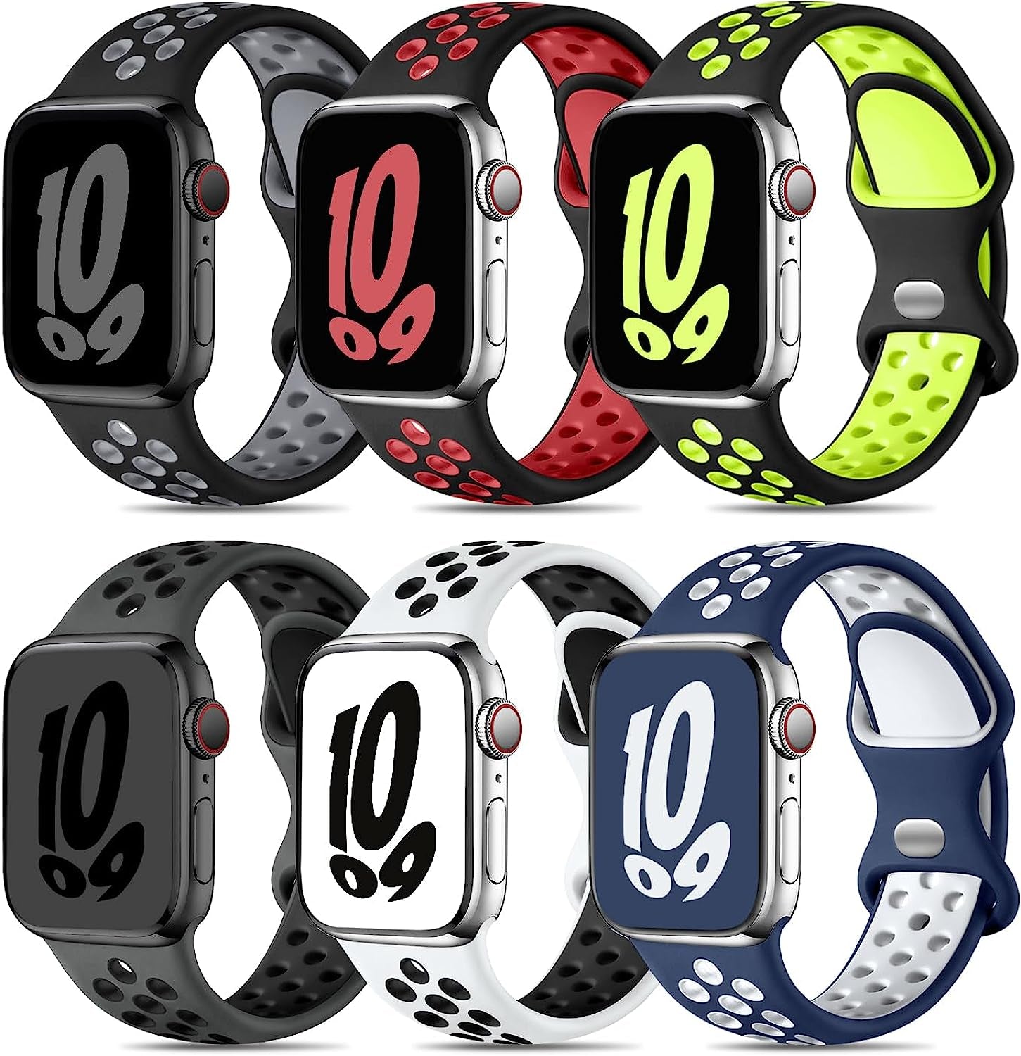 Keponew Sport Bands Compatible with Apple Watch 49Mm 45Mm 44Mm 42Mm 41Mm 40Mm 38Mm, 6 Pack Sport Breathable Soft Silicone Strap for Iwatch Ultra SE Series 8 7 6 5 4 3 2 1 Men Women  Keponew Black Gray/Black Red/Black Green/Blue White/Anthracite Black/White Black 38mm/40mm/41mm 
