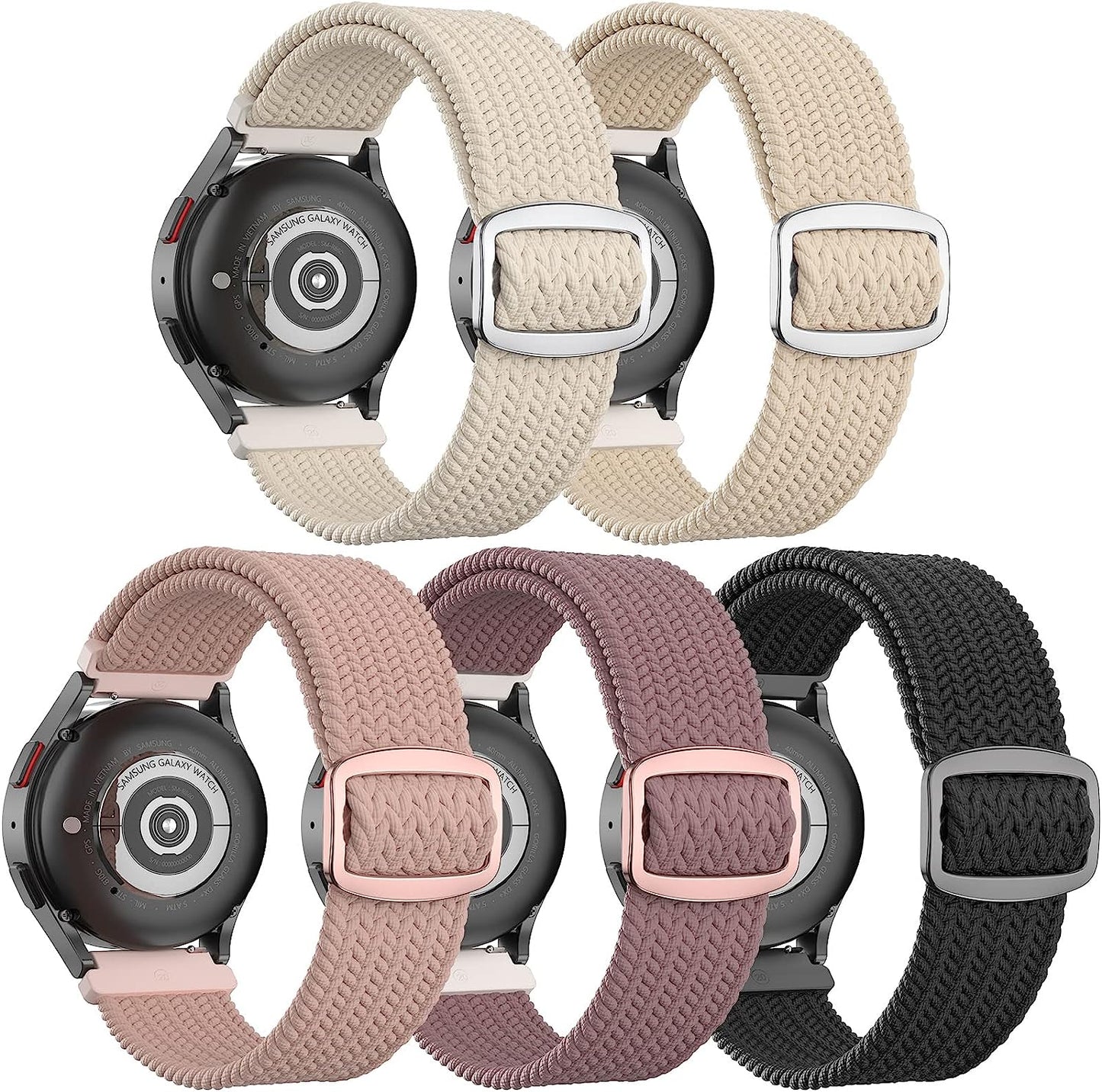 20Mm Braided Bands Compatible with Samsung Galaxy Watch 5&4 Band/Active 2 40Mm 44Mm/Galaxy Watch 5 Pro 45Mm/Galaxy Watch 4 Classic 42Mm 46Mm/Watch 3 41Mm, 5 Pack Elastic Stylish Quick Release Bands  ABOVEACC G-Dark Pink Sand/Smoke Purple/Milk Tea/Star Light/Black  