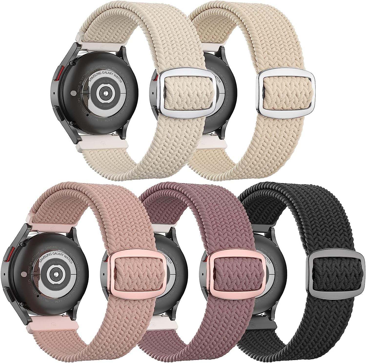 20Mm Braided Bands Compatible with Samsung Galaxy Watch 5&4 Band/Active 2 40Mm 44Mm/Galaxy Watch 5 Pro 45Mm/Galaxy Watch 4 Classic 42Mm 46Mm/Watch 3 41Mm, 5 Pack Elastic Stylish Quick Release Bands  ABOVEACC G-Dark Pink Sand/Smoke Purple/Milk Tea/Star Light/Black  