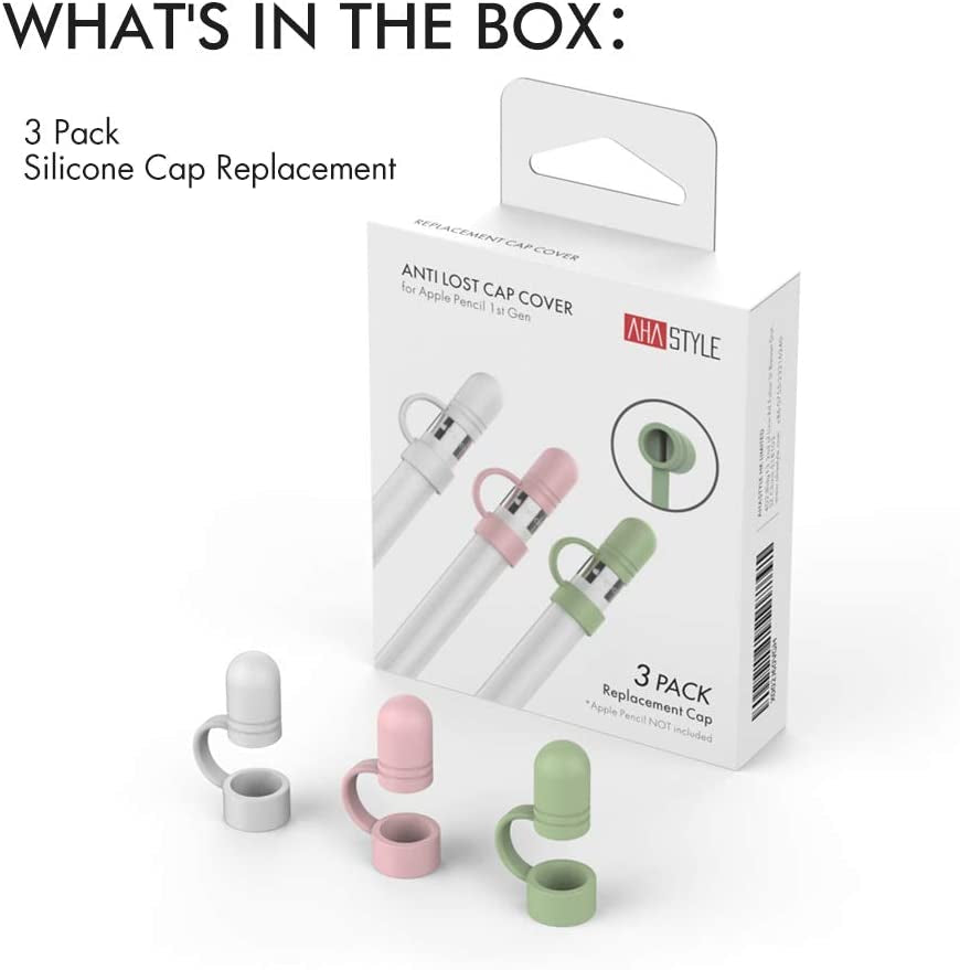 Ahastyle 3 Pack Cap Replacement Holder with Anti-Lost Strap Silicone Protective Cap Cover for Apple Pencil 1St Generation(White, Pink, Avocado Green)  AHASTYLE   