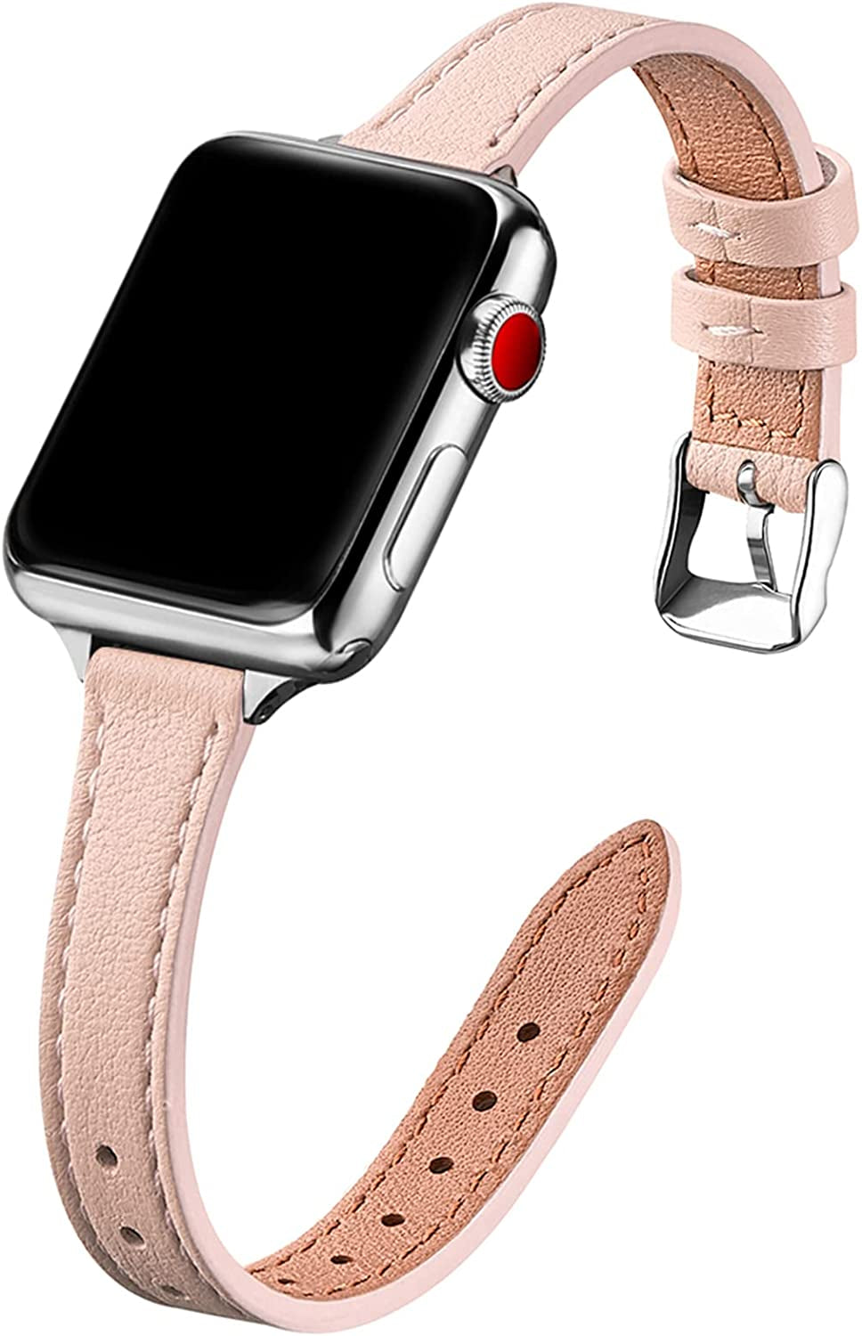 STIROLL Slim Leather Bands Compatible with Apple Watch Band 38Mm 40Mm 41Mm 42Mm 44Mm 45Mm 49Mm, Top Grain Leather Watch Thin Wristband for Iwatch Ultra SE Series 8/7/6/5/4/3/2/1  STIROLL Pale pink with Silver 42mm/44mm/45mm/49mm 
