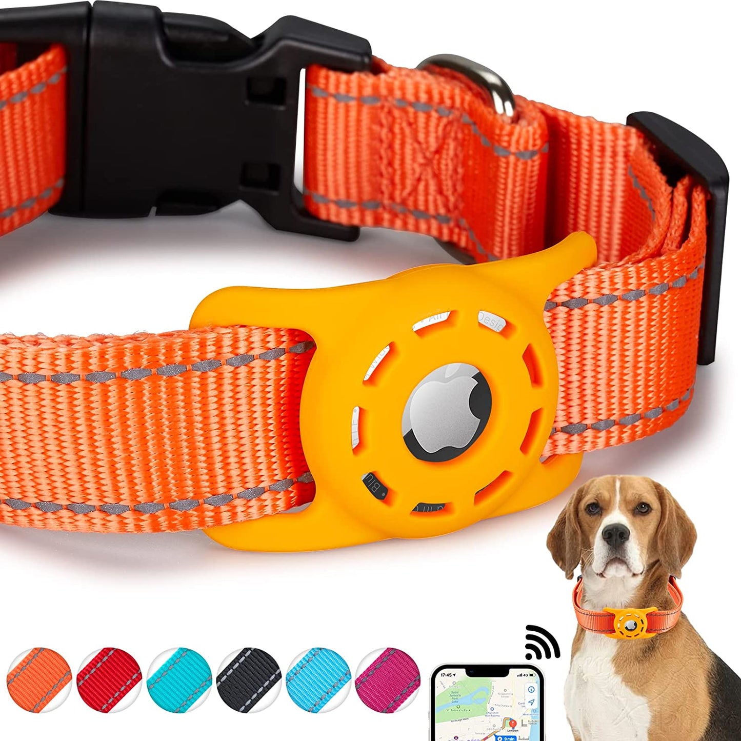 KONITY Reflective Airtag Dog Collar, Compatible with Apple Airtag, Nylon Pet Cat Puppy Collar with Silicone Airtag Holder for Small, Medium, Large, and Extra Large Dogs  Konity ORANGE XS: 8"-12" neck 