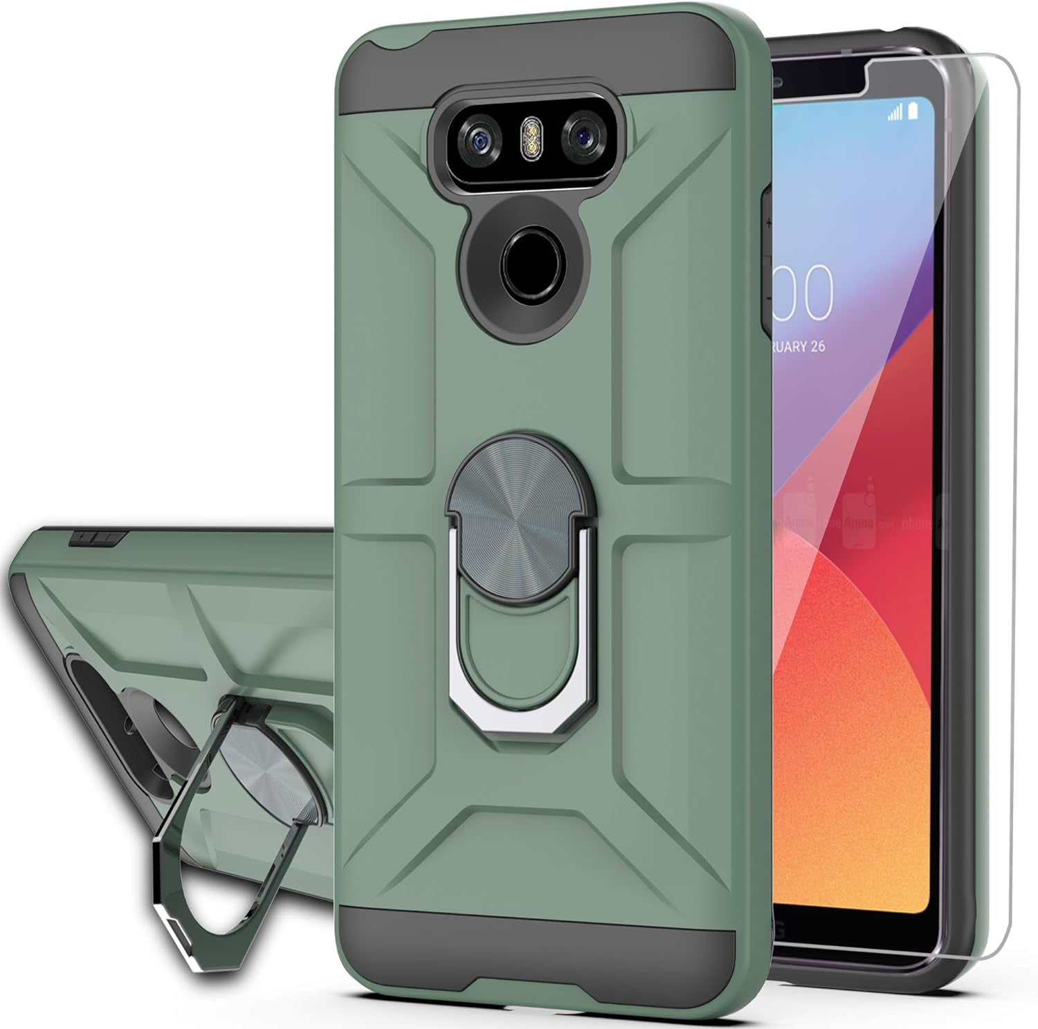 Ymhxcy Compatible for LG G6/G6 plus Case with HD Screen Protector，360 Degree Rotating Ring Kickstand Holder Dual Layers of Shockproof Phone Case for LG G6-ZS Mint  YmhxcY Zs-Dark Green  