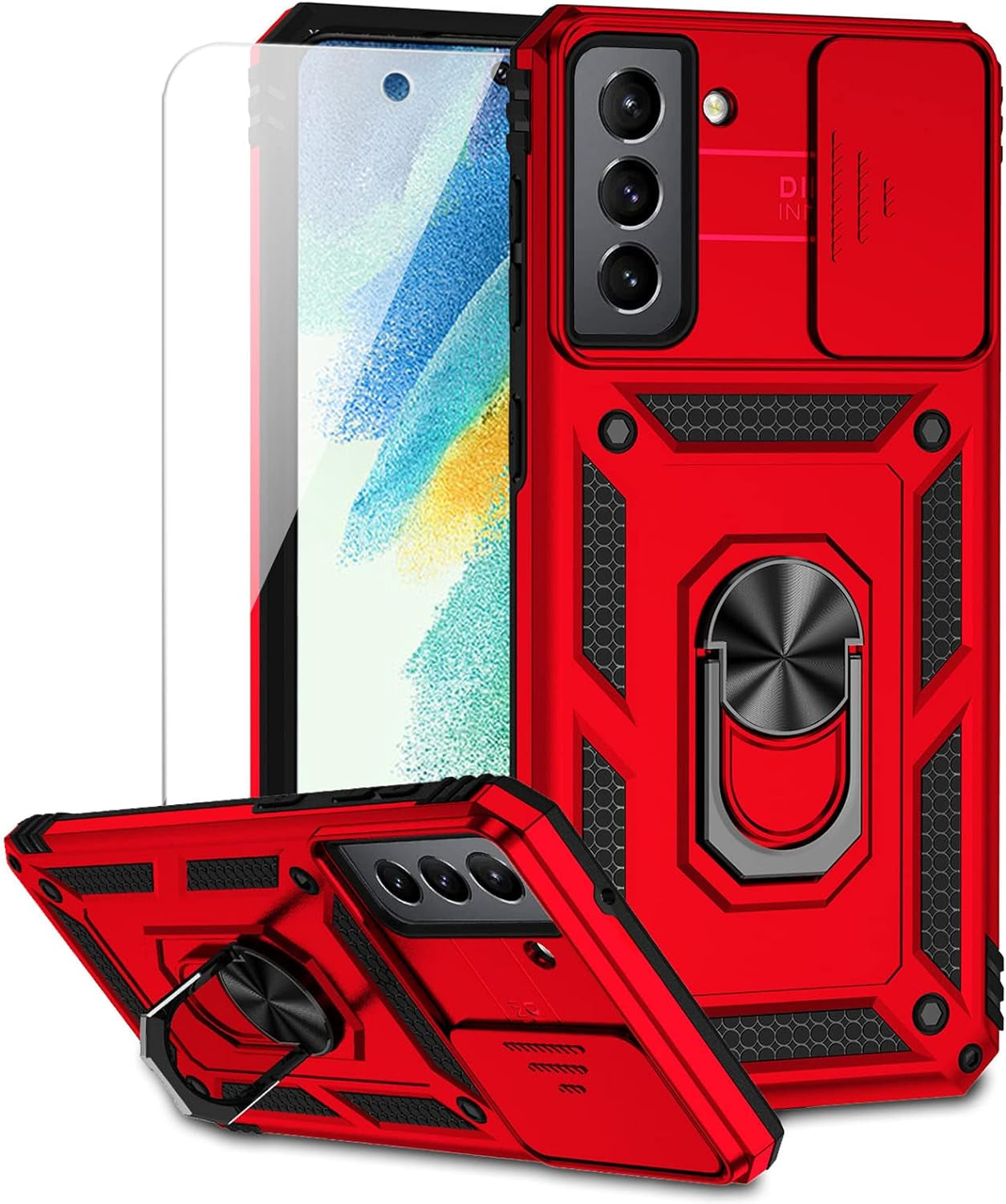 For Samsung Galaxy S21 FE 5G Case with Camera Lens Cover HD Screen Protector, Military-Grade Drop Tested Magnetic Ring Holder Kickstand Protective Phone Case for Samsung Galaxy S21 FE 5G (Dark Green)  JINZHI Inc Red With Camera Cover Military-Grade 2Nd Gen  