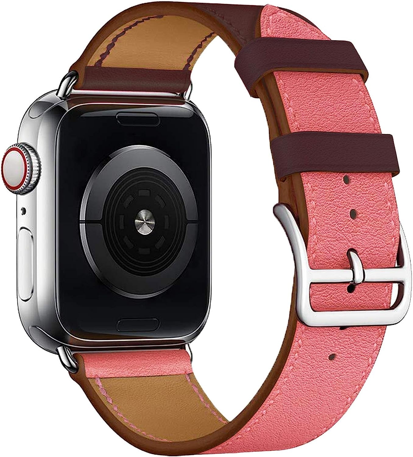 Compatible with Apple Watch Band 42Mm 44Mm 45Mm Women Men, Pierre Case Genuine Leather Sweatproof Classic Replacement Strap Stainless Steel Buckle for Iwatch Series 7/6/SE/5/4/3/2/1 Wine Red Pink  TOKASA   