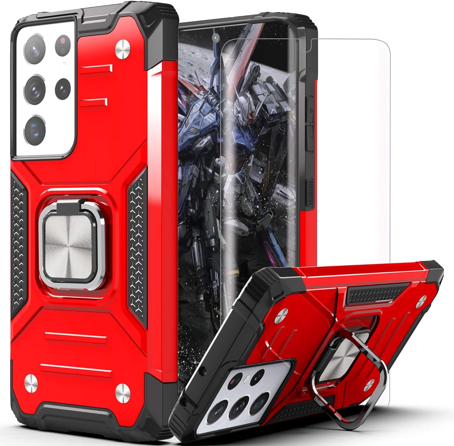 AYMECL Case for S21 Ultra 5G,Galaxys21 Ultra 5G Case with Slide Camera Cover&[2 Packs] Self-Healing Film,360° Rotate Ring Stand Magnetic Cover Case for Samsung Galaxy S21 Ultra 5G 6.8"-Blue  AYMECL K2-Red  