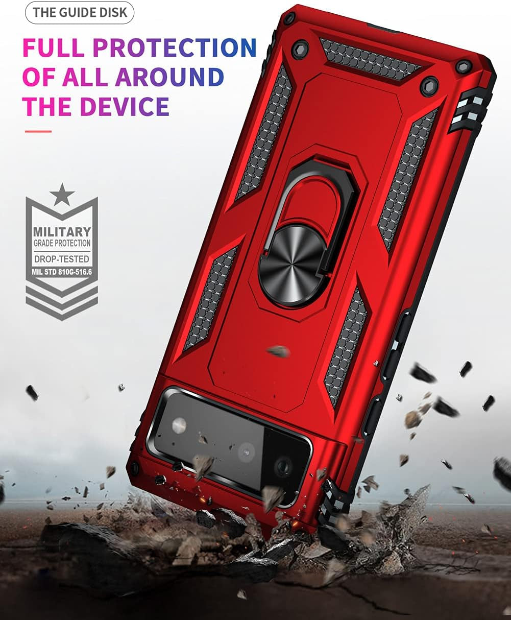 Androgate Designed for Google Pixel 6 Case with HD Screen Protectors, Military-Grade Metal Ring Holder Kickstand 15Ft Drop Tested Shockproof Cover Case for Pixel 6 Red  Androgate   