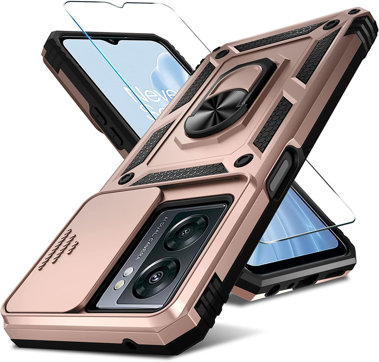 Oneplus Nord N300 5G Case Built in Slide Camera Lens Cover and Screen Protector,Heavy Duty Shockproof Full Body Protective Phone Cover,Built in Finger Ring Stable Holder Kickstand,2022 Dark Green  Janmitta Rose Gold  