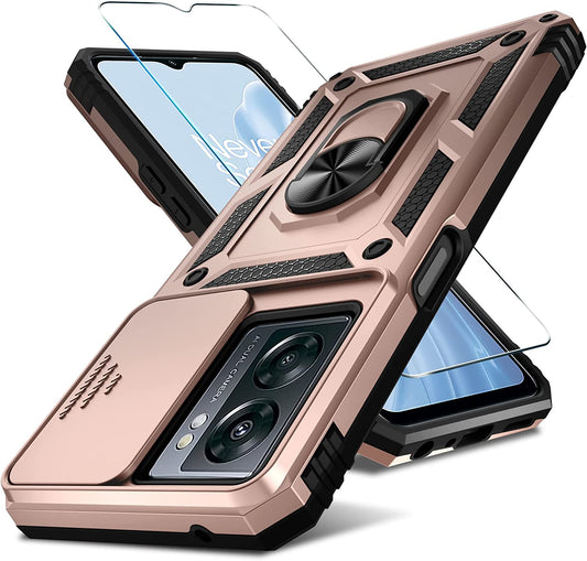 Oneplus Nord N300 5G Case Built in Slide Camera Lens Cover and Screen Protector,Heavy Duty Shockproof Full Body Protective Phone Cover,Built in Finger Ring Stable Holder Kickstand,2022 Rose Gold  Janmitta   
