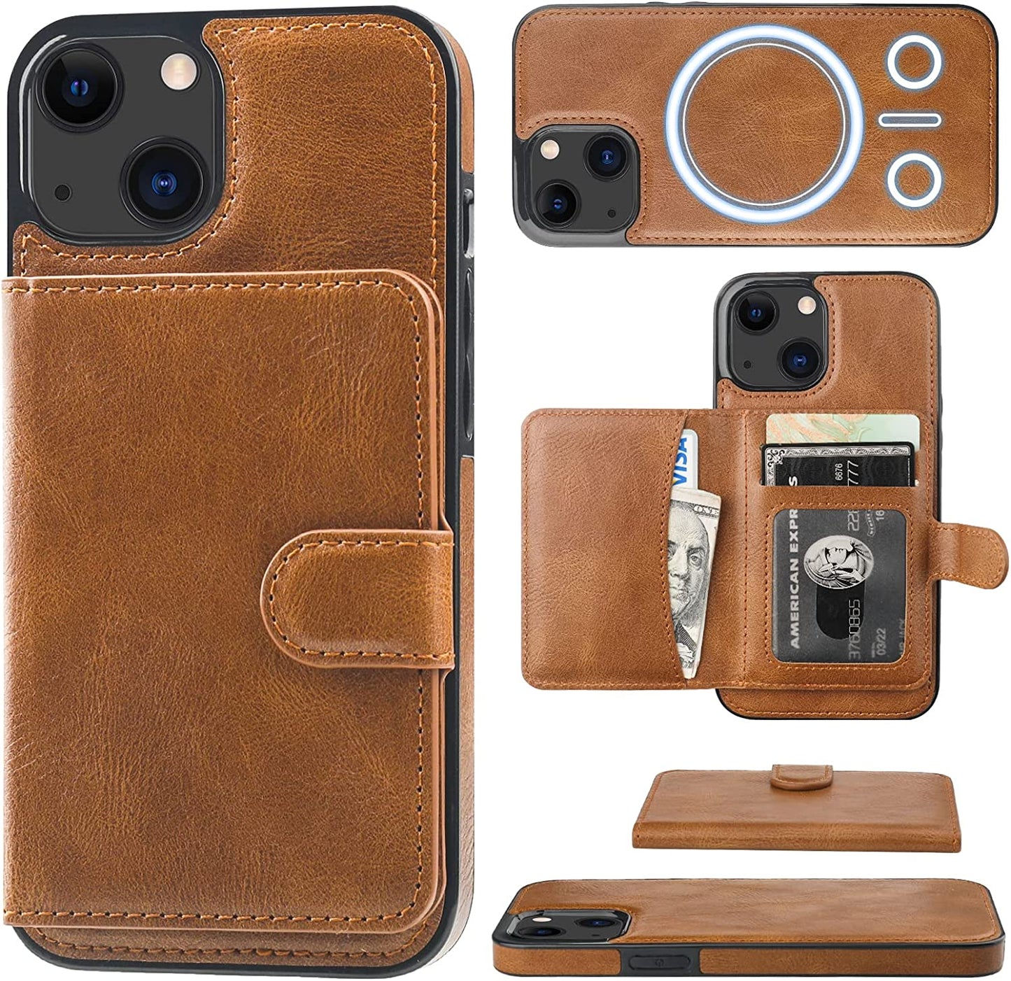 Bocasal Wallet Case for Iphone 13 Compatible with Magsafe Magnetic RFID Blocking Detachable Premium PU Leather Flip Case with Card Slots Holder Kickstand Wireless Charging 6.1 Inch (Brown)  Bocasal   