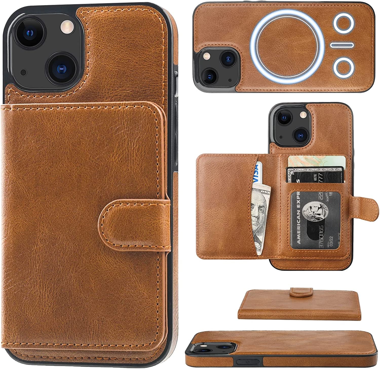 Bocasal Wallet Case for Iphone 13 Compatible with Magsafe Magnetic RFID Blocking Detachable Premium PU Leather Flip Case with Card Slots Holder Kickstand Wireless Charging 6.1 Inch (Brown)  Bocasal   