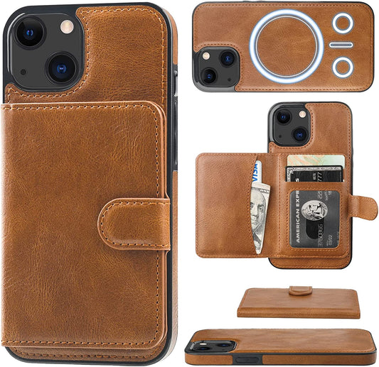Bocasal Wallet Case for Iphone 13 Compatible with Magsafe Magnetic RFID Blocking Detachable Premium PU Leather Flip Case with Card Slots Holder Kickstand Wireless Charging 6.1 Inch (Brown)  Bocasal   