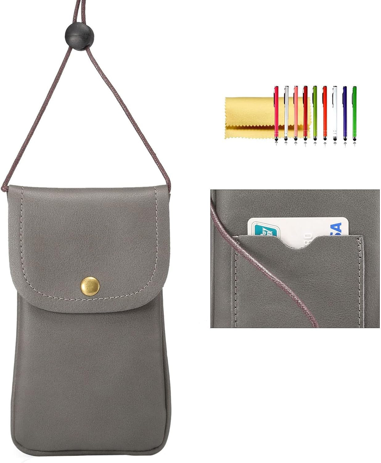 Cell Phone Neck Pouch, Techcircle PU Leather Carrying Bag with Credit Card Holder Adjustable Strap, Small Travel Purse for Iphone 11 XR XS Max SE 8 7 6 Plus, Galaxy S10 S7 Edge A10 J7, Moto G6 (Brown)  Techcircle 01 Gray  