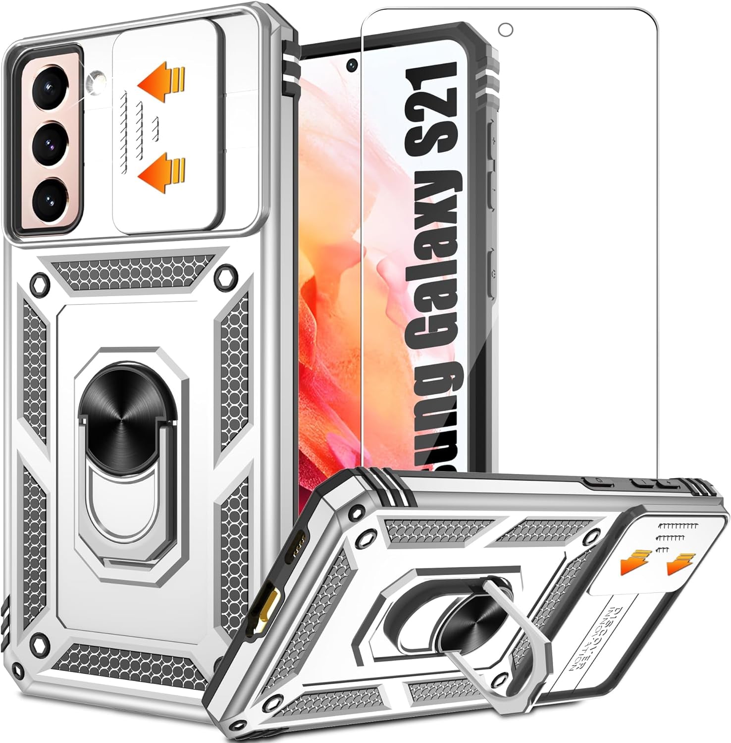 ATUMP for Galaxy S21 Case with HD Screen Protector, Build in 360° Magnetic Ring Holder Kickstand [Military Grade] Protective Case for Samsung Galaxy S21 Case 5G,Rose Gold  Atump Silver  