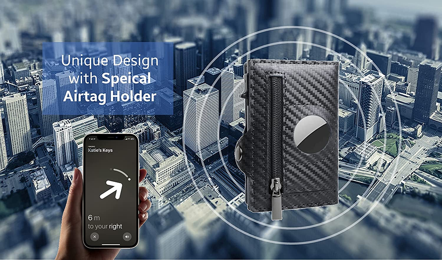 Airtag Wallet Genuine Premium Leather Credit Card Money Holder Airtag Cover Air Tag Case Automatic Pop up Wallet Aluminum Slim Pocket Bifold (Carbon Fiber)  Generic   