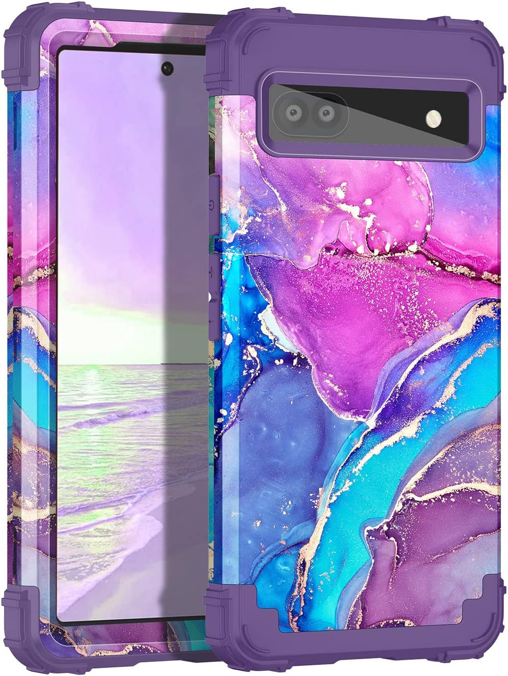 Hekodonk Google Pixel 6A Case (2022) - Heavy Duty Shockproof Hybrid Protection, Hard Plastic & Silicone Rubber, 3-In-1 Drop Protective - Blue Golden  Hekodonk Blue Purple  