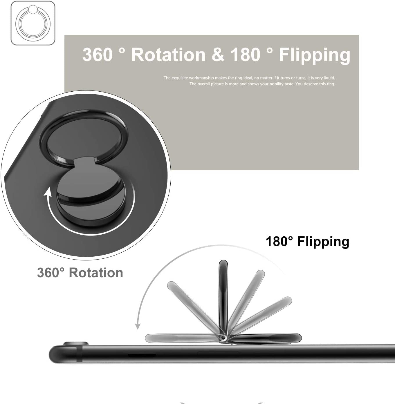 ICHECKEY Phone Ring Holder, Finger Ring Stand 360°Rotation Metal Phone Ring Grip Kickstand Compatible with All Smartphone, Ipad, Tablet - Gloss Black  ICHECKEY   