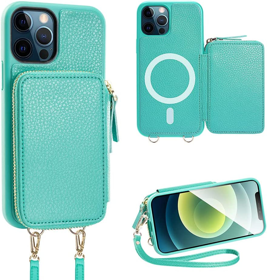 ZVE Iphone 14 Pro Crossbody Wallet Case Magsafe, Phone Case with RFID Blocking Card Holder Wrist Strap for Women, Zipper Leather Cover for Iphone 14 Pro, 6.1"-Black  ZVE Mint Green iPhone 12 & 12 Pro 