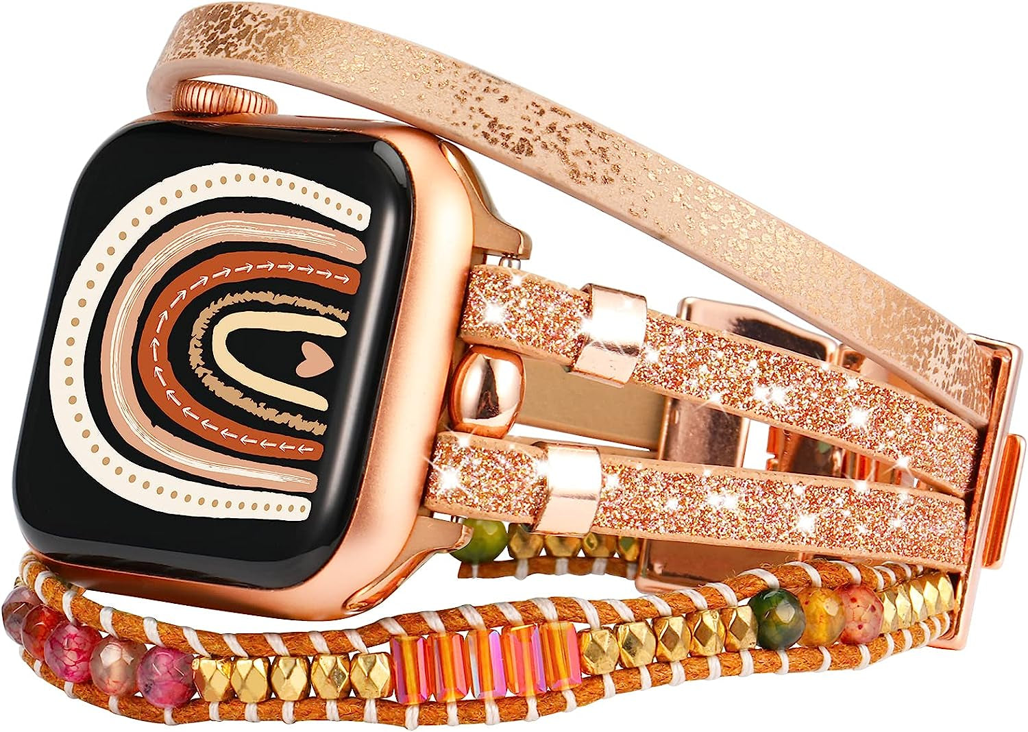 TOYOUTHS Compatible with Apple Watch Band Bracelet Multi-Strand Leather Sparkle Braided Wrap with Beaded Boho Bling Jewelry Dressy 41Mm 40Mm 38Mm Band for Iwatch Series SE 8 7 6 5 4 3 2 1  toyouths Rose Gold 49/45/44/42mm 