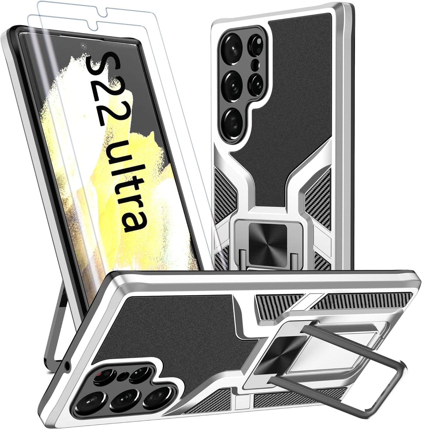 AKINIK for Samsung Galaxy S22 Ultra Case, S22 Ultra Case with Self Healing Flexible TPU Screen Protector [2 Pack], Military Grade with Kickstand Case for Galaxy S22 Ultra 5G-Red  AKINIK Silver  