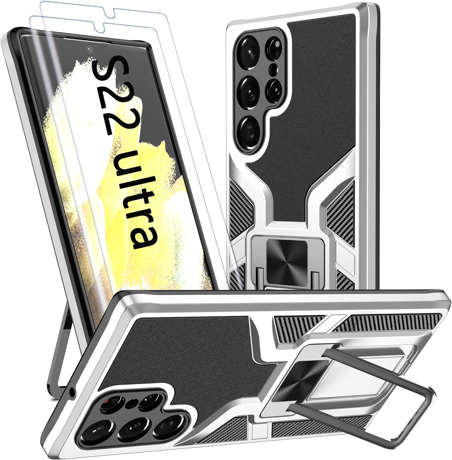 AKINIK for Samsung Galaxy S22 Ultra Case, S22 Ultra Case with Self Healing Flexible TPU Screen Protector [2 Pack], Military Grade with Kickstand Case for Galaxy S22 Ultra 5G-Red  AKINIK Silver  