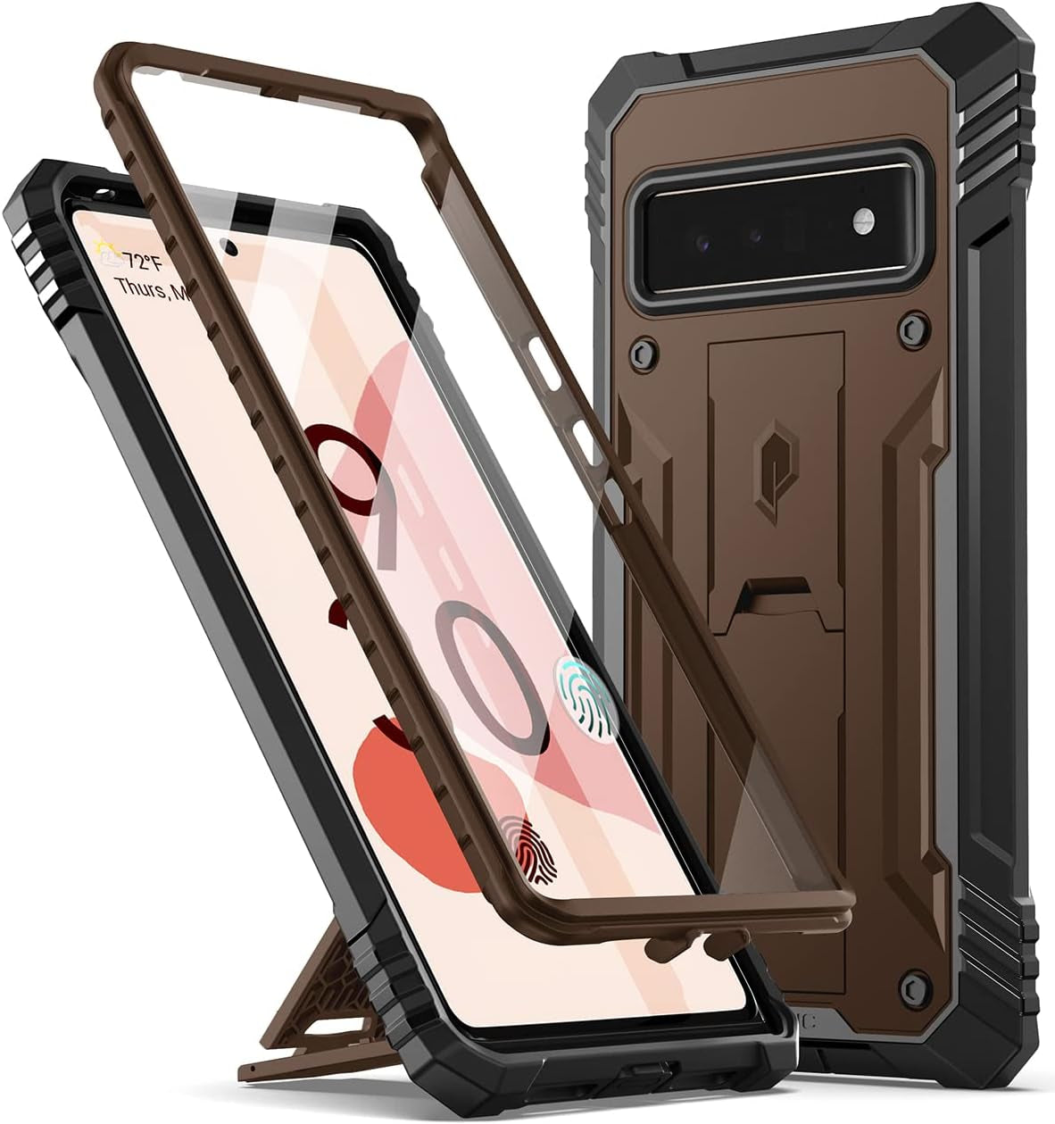 Poetic Revolution Case for Google Pixel 6 Pro 5G, Built-In Screen Protector Work with Fingerprint ID, Full Body Rugged Shockproof Protective Cover Case with Kickstand, Brown  Poetic   