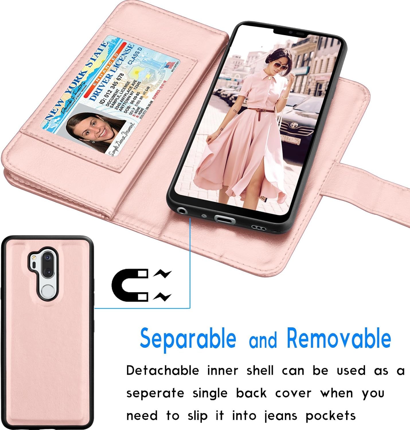 Tekcoo Wallet Case for LG G7 / LG G7 Thinq, PU Leather Luxury ID Cash Credit Card Slots Holder Purse Carrying Folio Flip Cover [Detachable Magnetic Hard Case] Kickstand - Rose Gold  Tekcoo   