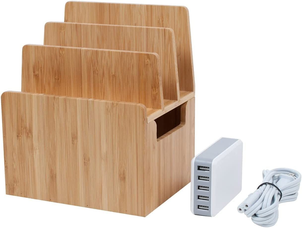 Mobilevision Wood Multi Device Organizer Stand and Charging Station for Smartphones, Tablets, and Laptops Includes 5-USB Hub Charger Combo  MobileVision Stand w/ Charging Strip Combo  