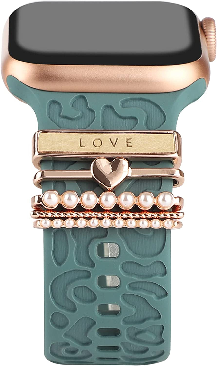 Decorative Rings Loops Compatible with Apple Watch Silicone Bands Charms 45Mm 44Mm 42Mm 41Mm 40Mm 38Mm Iwatch Series 8 7 6 5 4 3 2 1 Watchband Metal Diamond Charms Accessories (No Band)  FERJITGR Love Rose Gold  