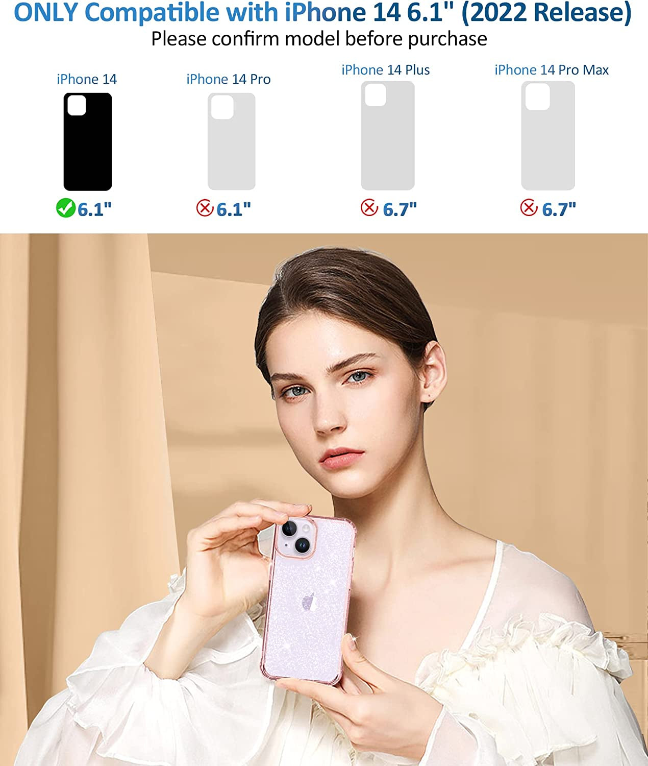 MIODIK Compatible with Iphone 14 Case with Screen Protector + Camera Lens Protector, Non Yellowing Clear Glitter Protective Phone Case, Women Girls Cover for Iphone 14 6.1 Inch 2022 - Sparkle Pink  MIODIK   